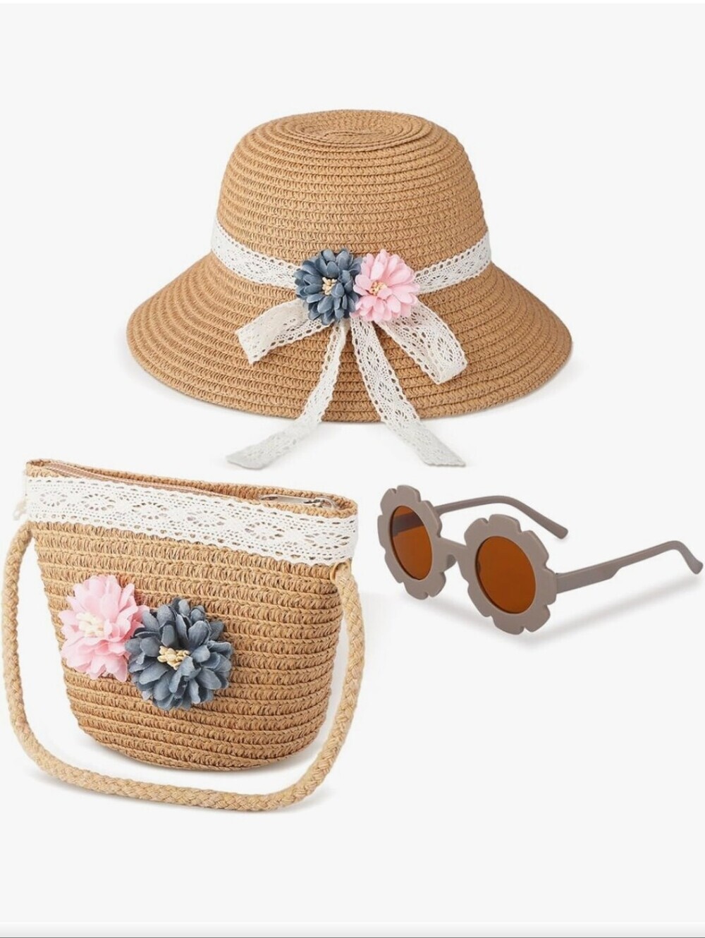 Kids Straw Sun Hat, Purse & Flower Sunglasses Set - Pink & Gray Accents